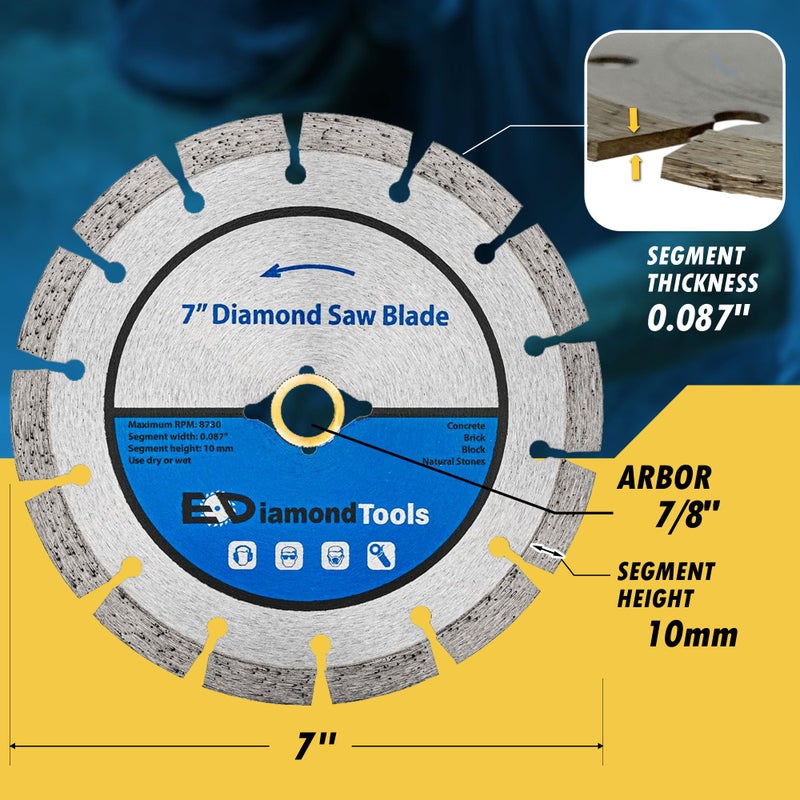 EDiamondTools 7" Segmented Diamond Saw Blade for Concrete, Brick, Block and Masonry, 10mm Segment Height, 7/8" Bushing w/Diamond Arbor - Image 3